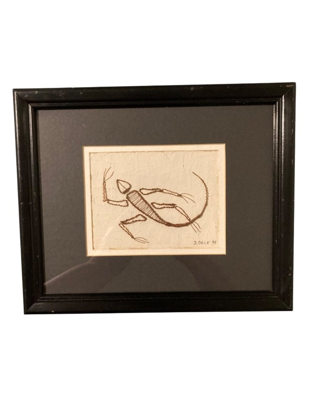 Framed Copper Wire Art Lizard Sculpture On Textured Background Signed J. Ogle